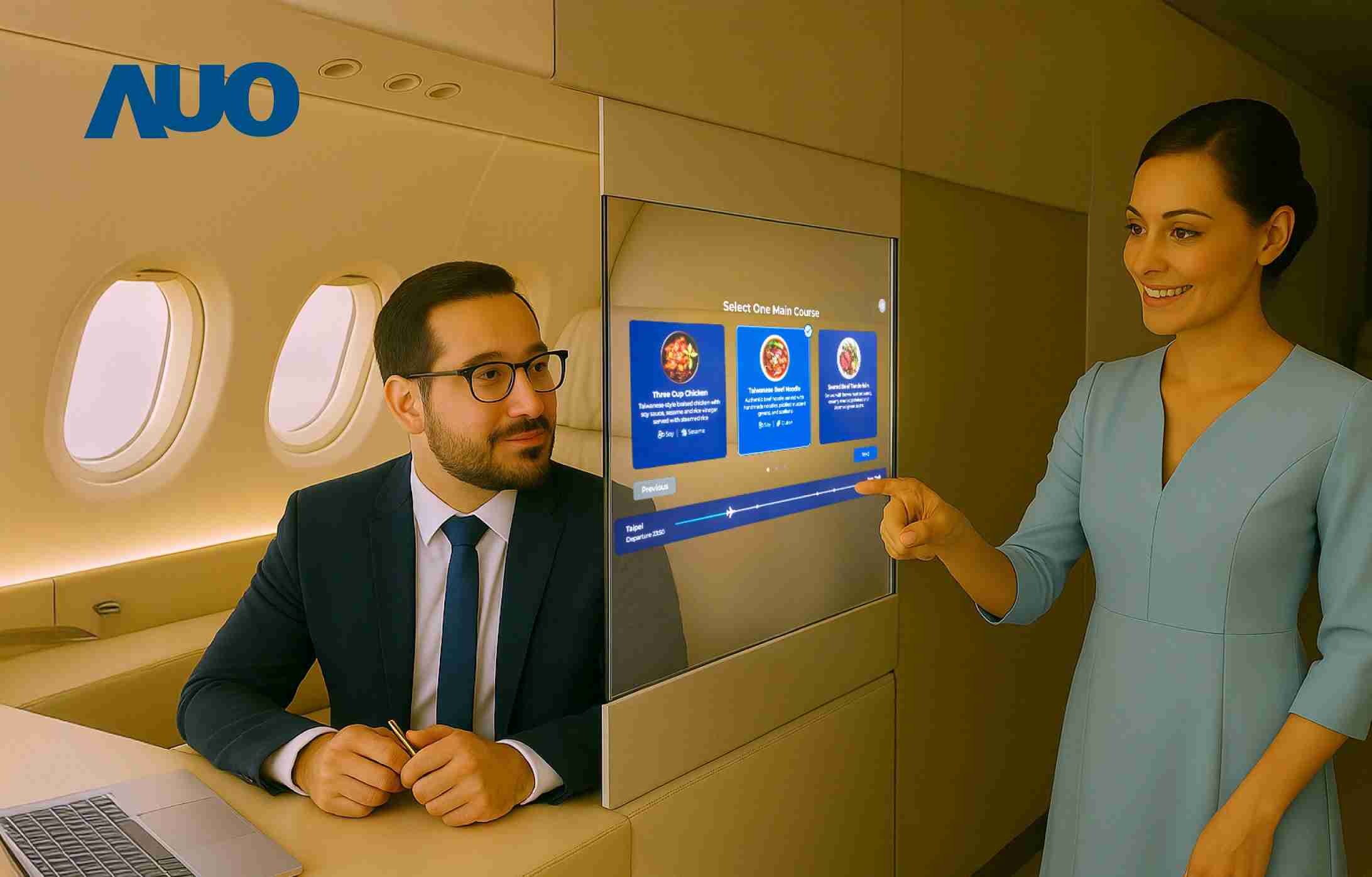 彩运网研发全球最薄17.3 吋双面透明 Micro LED 显示器，，，可在同一屏幕之双边投射不同信息，，，，创造独特的”透明化”互动；图为实时翻译交流应用情境